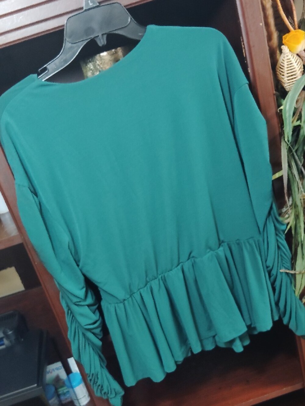 Eloquii Teal Ruched Peplum Long-Sleeve Top - Picture 4 of 6